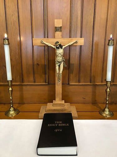 Wooden cross on the altar at St. Peter’s Evangelical Lutheran Church